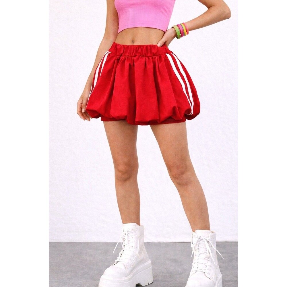 Women Red Bubble Skirt Y2K Sport Mini Skort Elastic Waist Striped S